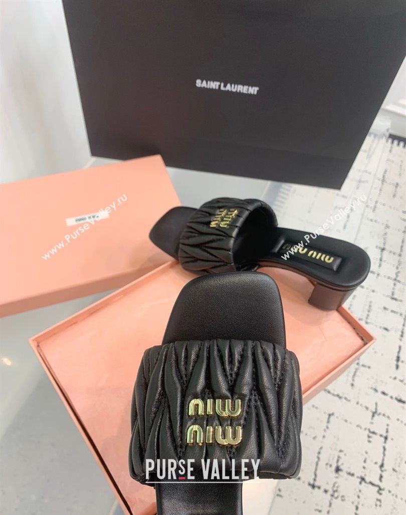 Miu Miu Matelasse Nappa Leather Heel Slides Sandal 5.5cm Black 2025 5XX657 (KER-250426082)