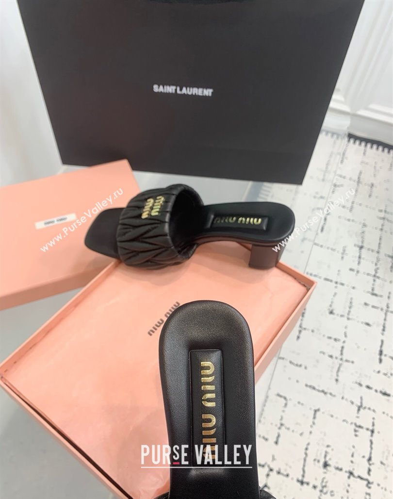 Miu Miu Matelasse Nappa Leather Heel Slides Sandal 5.5cm Black 2025 5XX657 (KER-250426082)