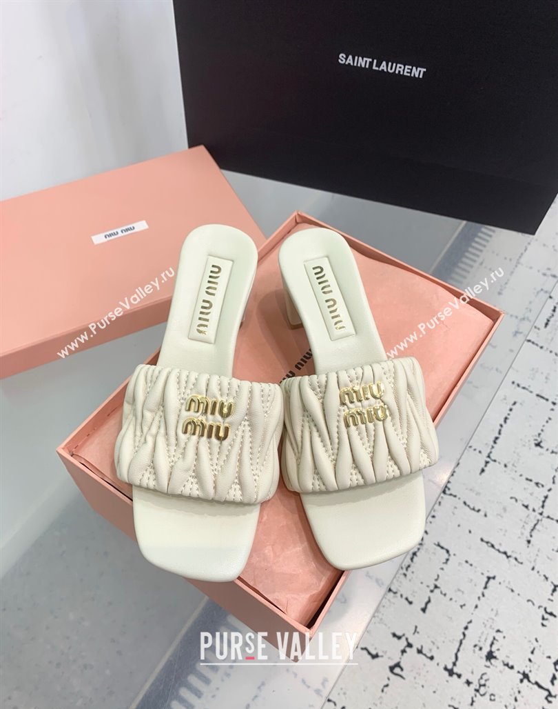Miu Miu Matelasse Nappa Leather Heel Slides Sandal 5.5cm White 2025 5XX657 (KER-250426083)