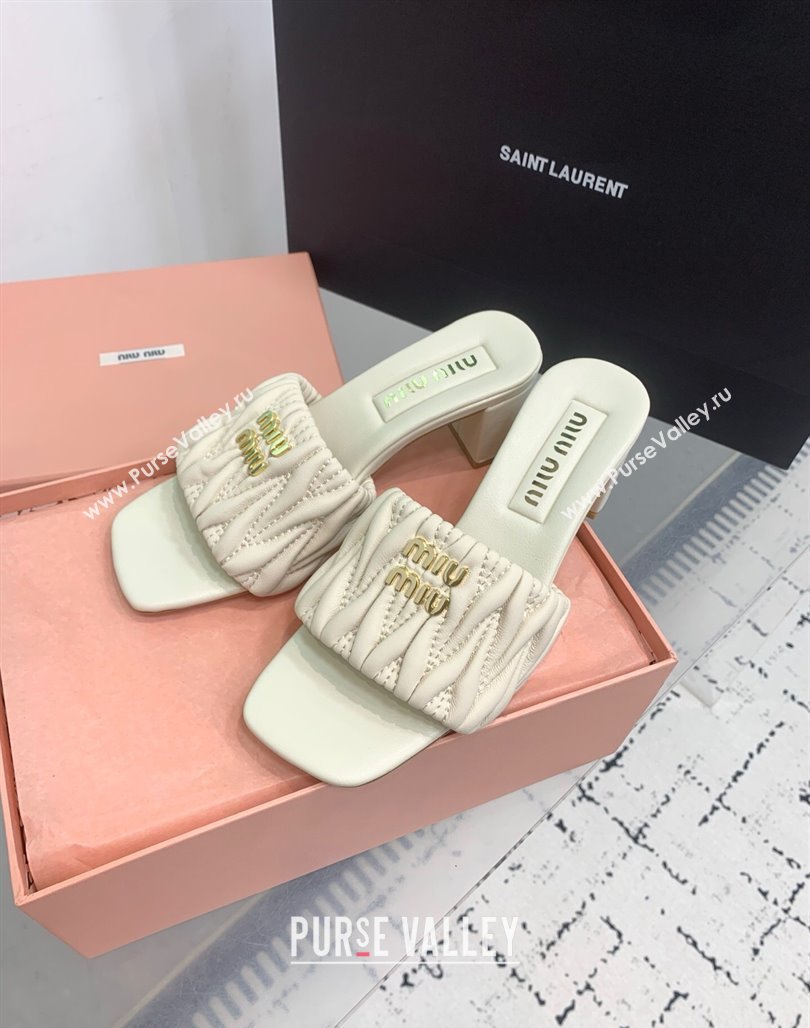 Miu Miu Matelasse Nappa Leather Heel Slides Sandal 5.5cm White 2025 5XX657 (KER-250426083)