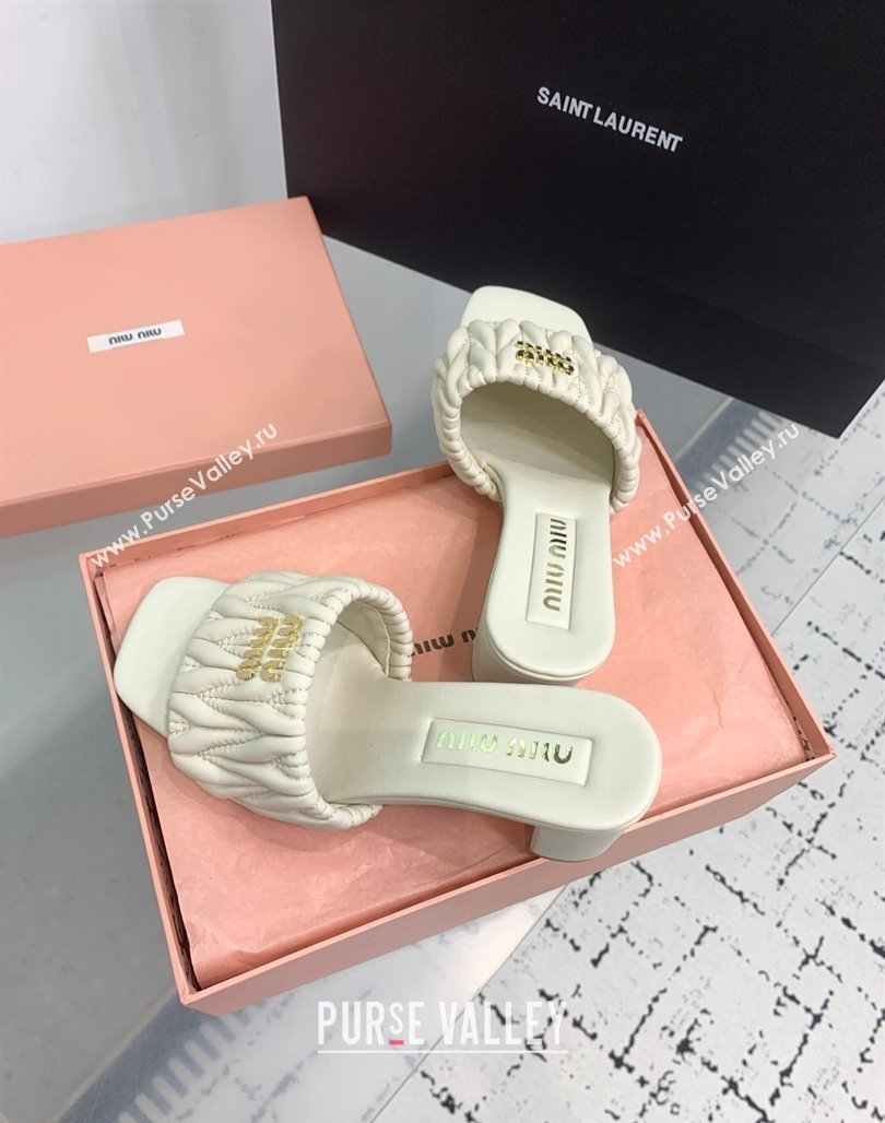 Miu Miu Matelasse Nappa Leather Heel Slides Sandal 5.5cm White 2025 5XX657 (KER-250426083)