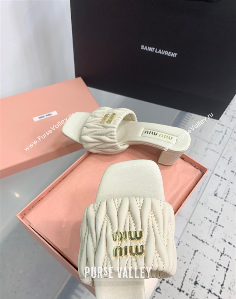 Miu Miu Matelasse Nappa Leather Heel Slides Sandal 5.5cm White 2025 5XX657 (KER-250426083)