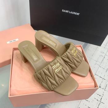 Miu Miu Matelasse Nappa Leather Heel Slides Sandal 5.5cm Khaki 2025 5XX657 (KER-250426085)