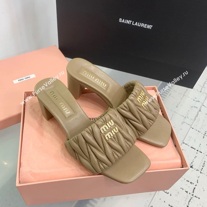 Miu Miu Matelasse Nappa Leather Heel Slides Sandal 5.5cm Khaki 2025 5XX657 (KER-250426085)
