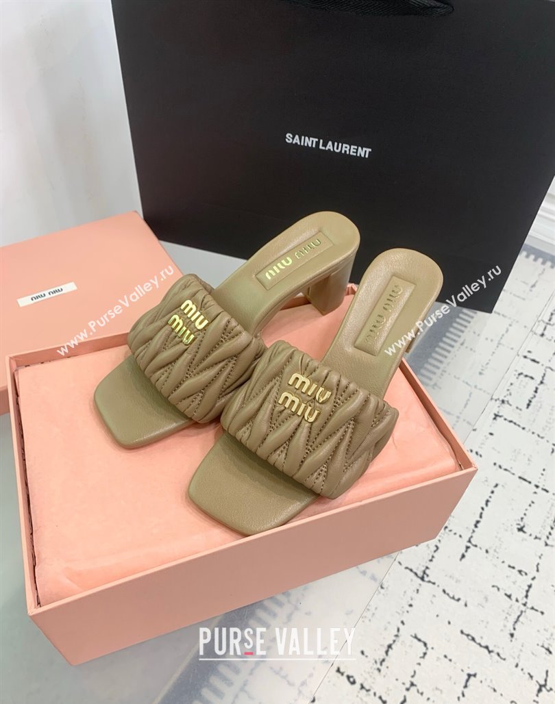 Miu Miu Matelasse Nappa Leather Heel Slides Sandal 5.5cm Khaki 2025 5XX657 (KER-250426085)