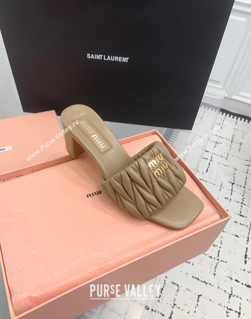 Miu Miu Matelasse Nappa Leather Heel Slides Sandal 5.5cm Khaki 2025 5XX657 (KER-250426085)