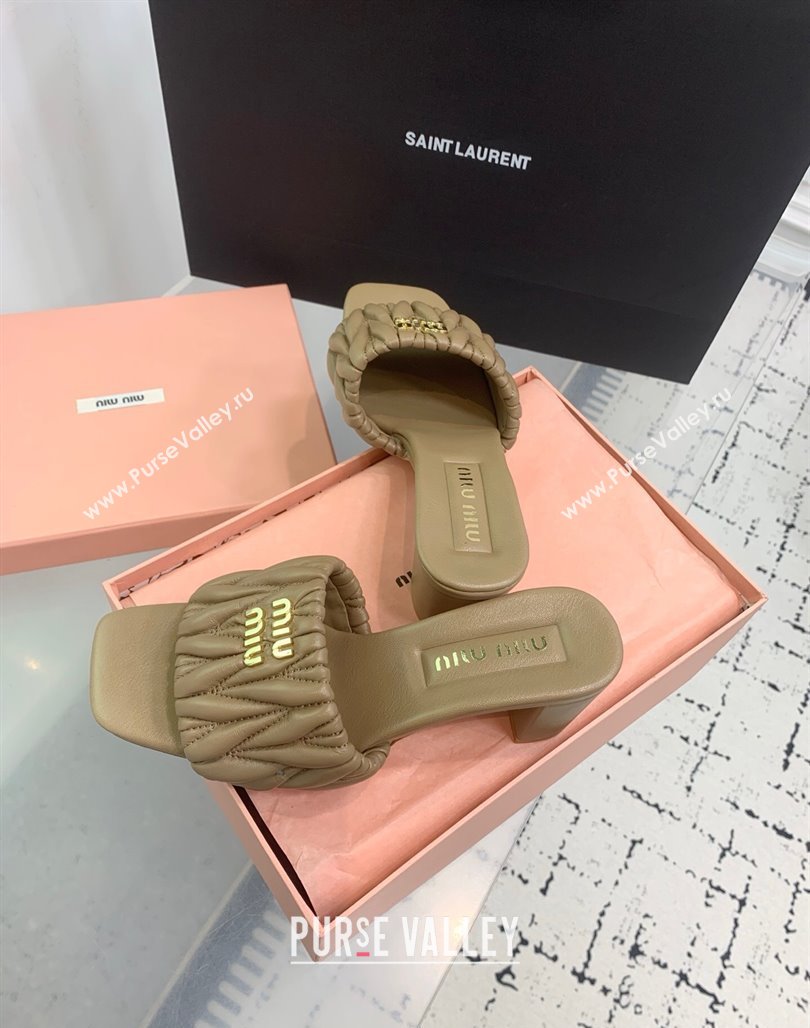 Miu Miu Matelasse Nappa Leather Heel Slides Sandal 5.5cm Khaki 2025 5XX657 (KER-250426085)
