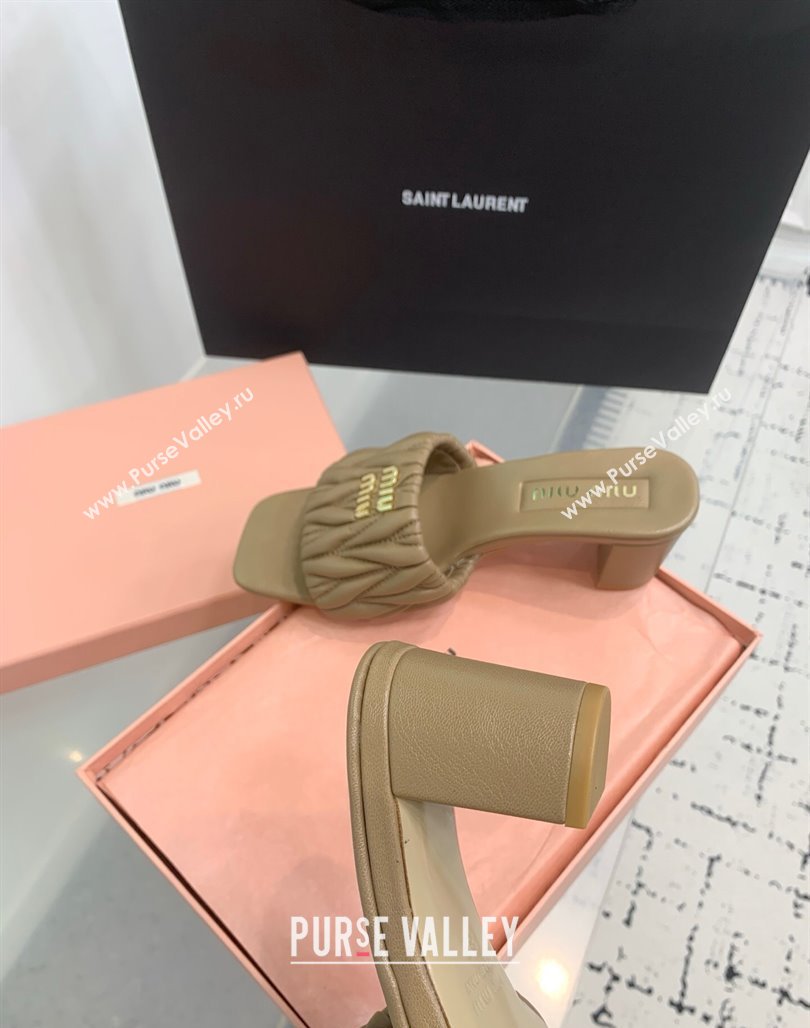 Miu Miu Matelasse Nappa Leather Heel Slides Sandal 5.5cm Khaki 2025 5XX657 (KER-250426085)
