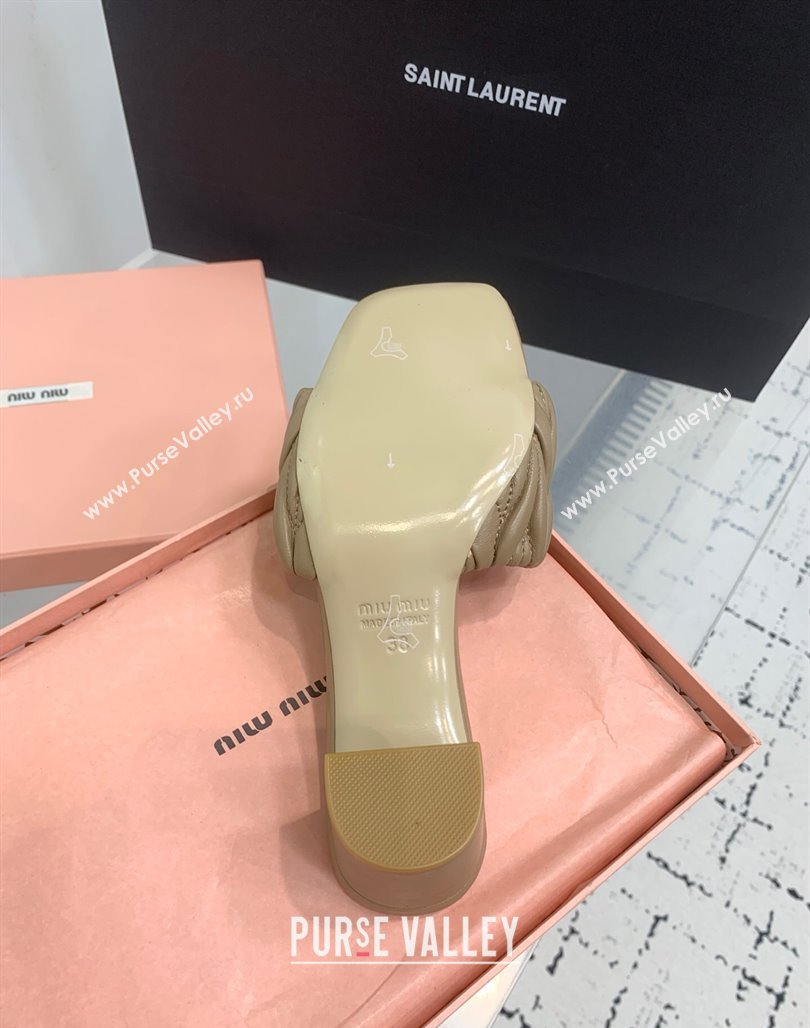 Miu Miu Matelasse Nappa Leather Heel Slides Sandal 5.5cm Khaki 2025 5XX657 (KER-250426085)