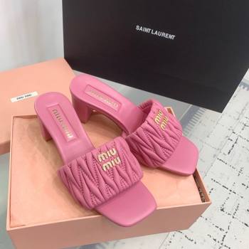 Miu Miu Matelasse Nappa Leather Heel Slides Sandal 5.5cm Pink 2025 5XX657 (KER-250426086)