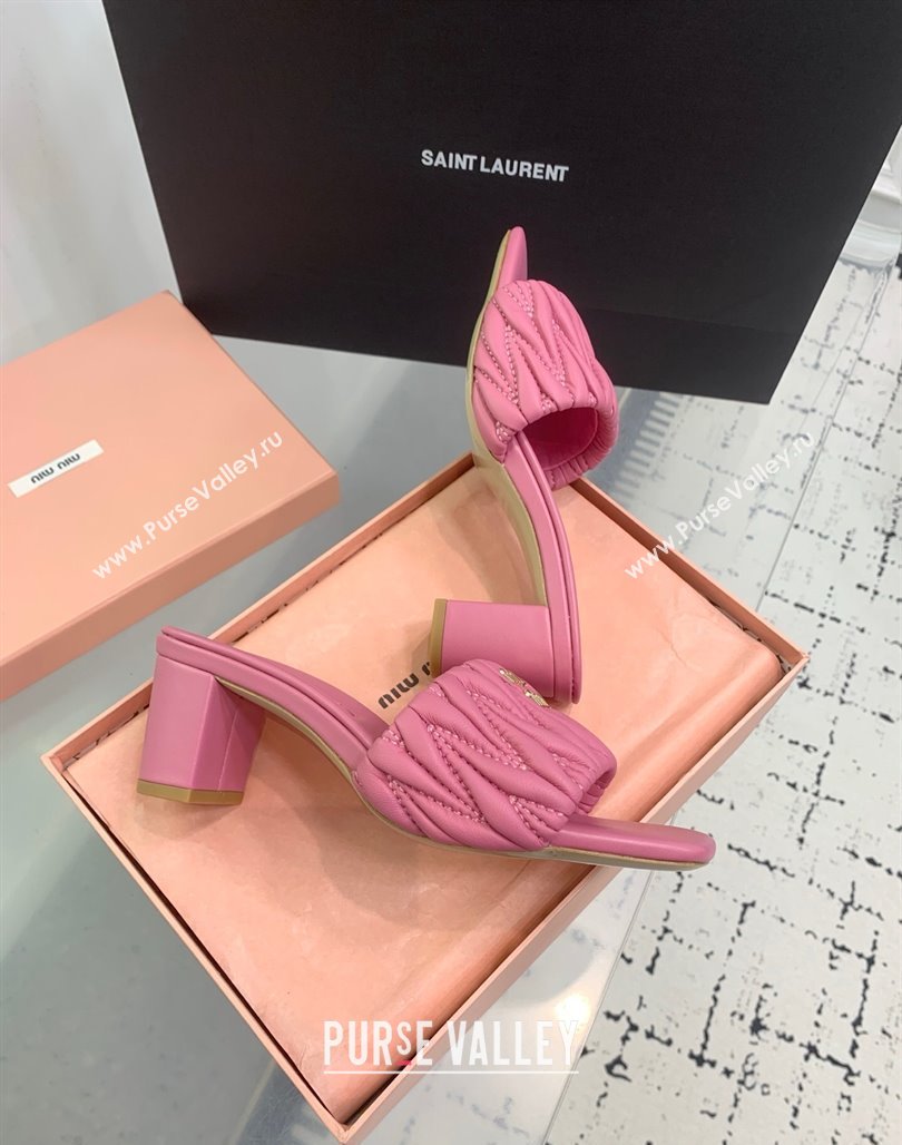 Miu Miu Matelasse Nappa Leather Heel Slides Sandal 5.5cm Pink 2025 5XX657 (KER-250426086)
