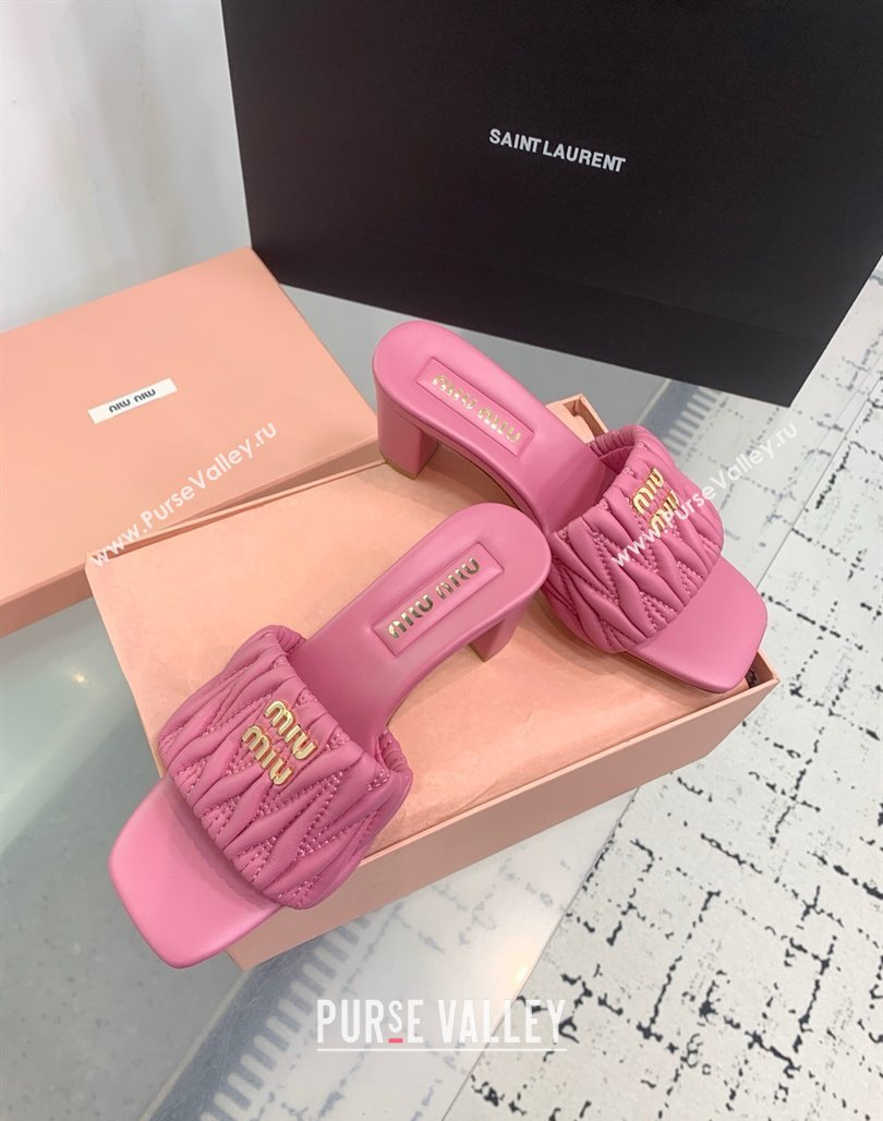 Miu Miu Matelasse Nappa Leather Heel Slides Sandal 5.5cm Pink 2025 5XX657 (KER-250426086)
