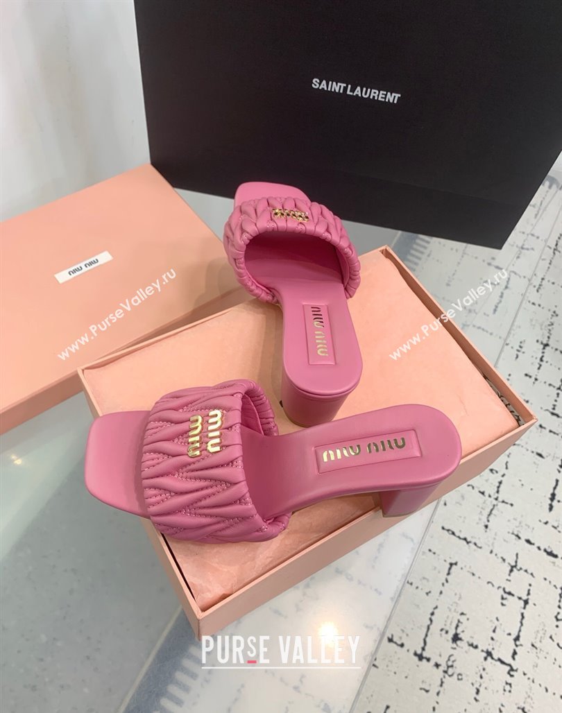 Miu Miu Matelasse Nappa Leather Heel Slides Sandal 5.5cm Pink 2025 5XX657 (KER-250426086)