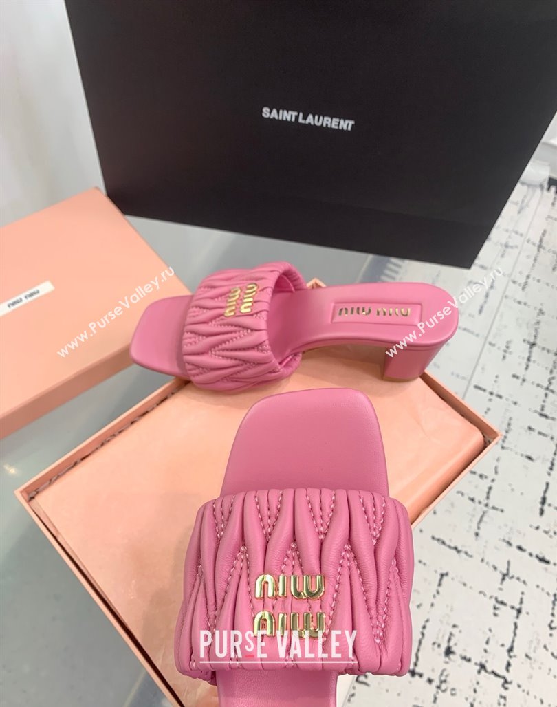 Miu Miu Matelasse Nappa Leather Heel Slides Sandal 5.5cm Pink 2025 5XX657 (KER-250426086)