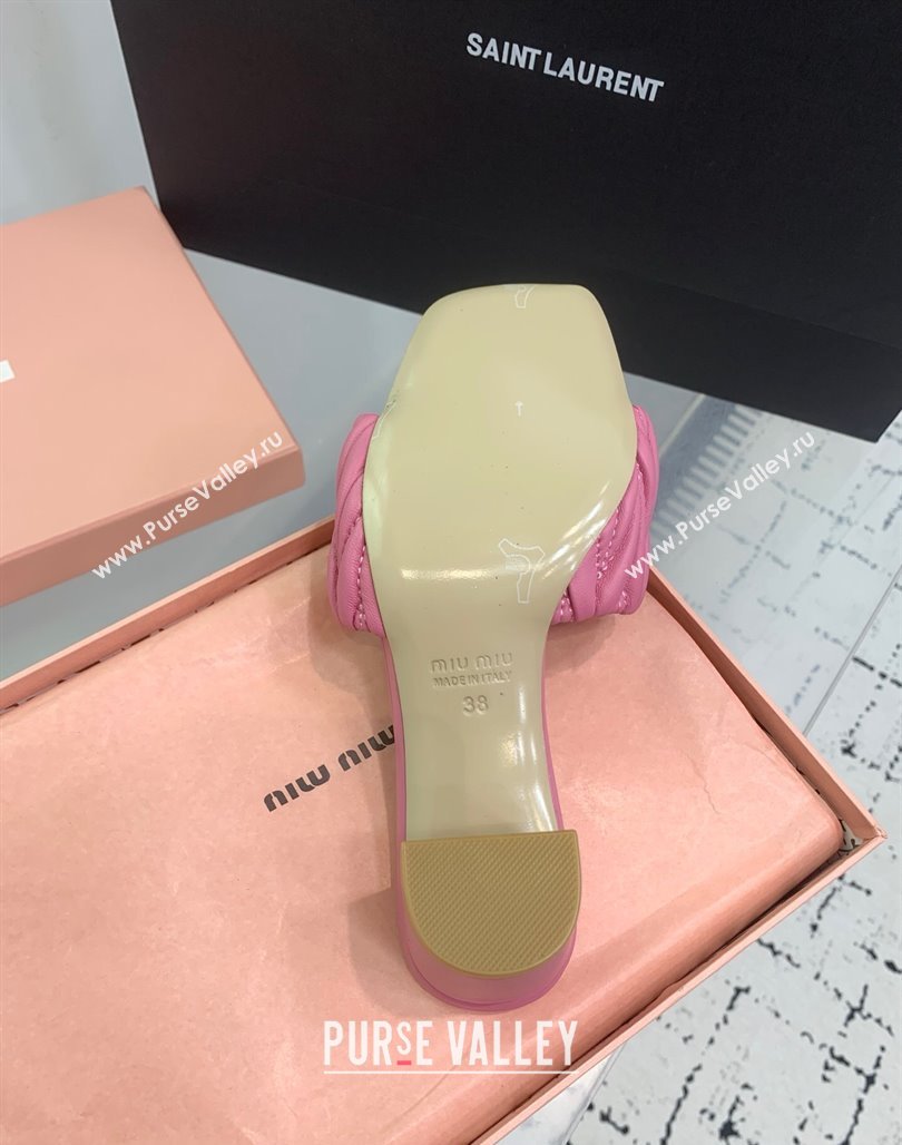 Miu Miu Matelasse Nappa Leather Heel Slides Sandal 5.5cm Pink 2025 5XX657 (KER-250426086)