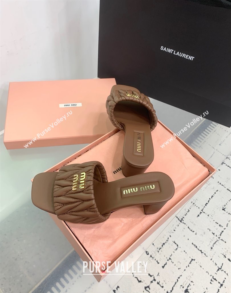 Miu Miu Matelasse Nappa Leather Heel Slides Sandal 5.5cm Brown 2025 5XX657 (KER-250426088)