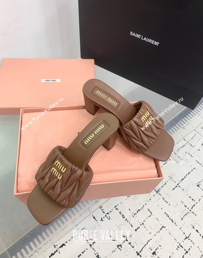 Miu Miu Matelasse Nappa Leather Heel Slides Sandal 5.5cm Brown 2025 5XX657 (KER-250426088)