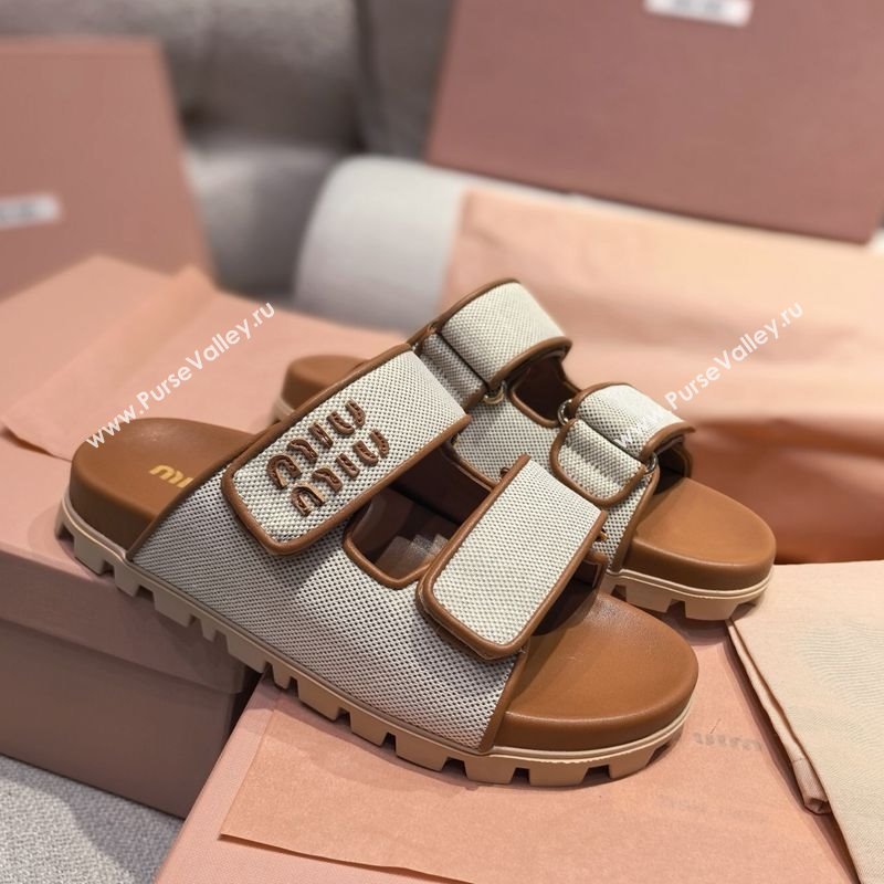 Miu Miu Canvas and Leather Platform Slides Sandal 3cm Brown 2025 5XX658 (MD-250426057)