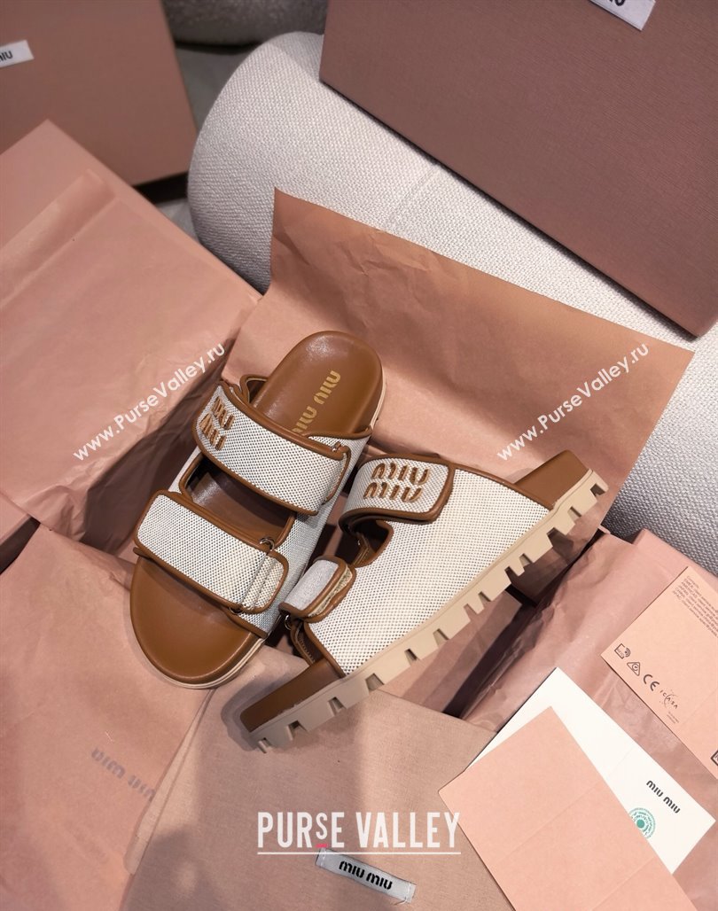 Miu Miu Canvas and Leather Platform Slides Sandal 3cm Brown 2025 5XX658 (MD-250426057)