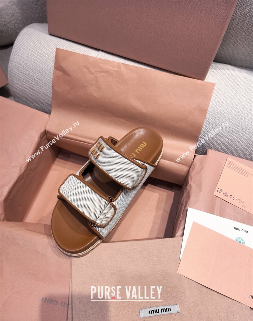 Miu Miu Canvas and Leather Platform Slides Sandal 3cm Brown 2025 5XX658 (MD-250426057)