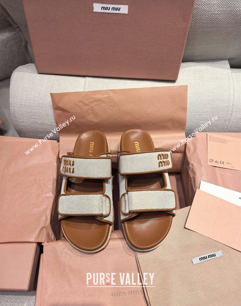 Miu Miu Canvas and Leather Platform Slides Sandal 3cm Brown 2025 5XX658 (MD-250426057)