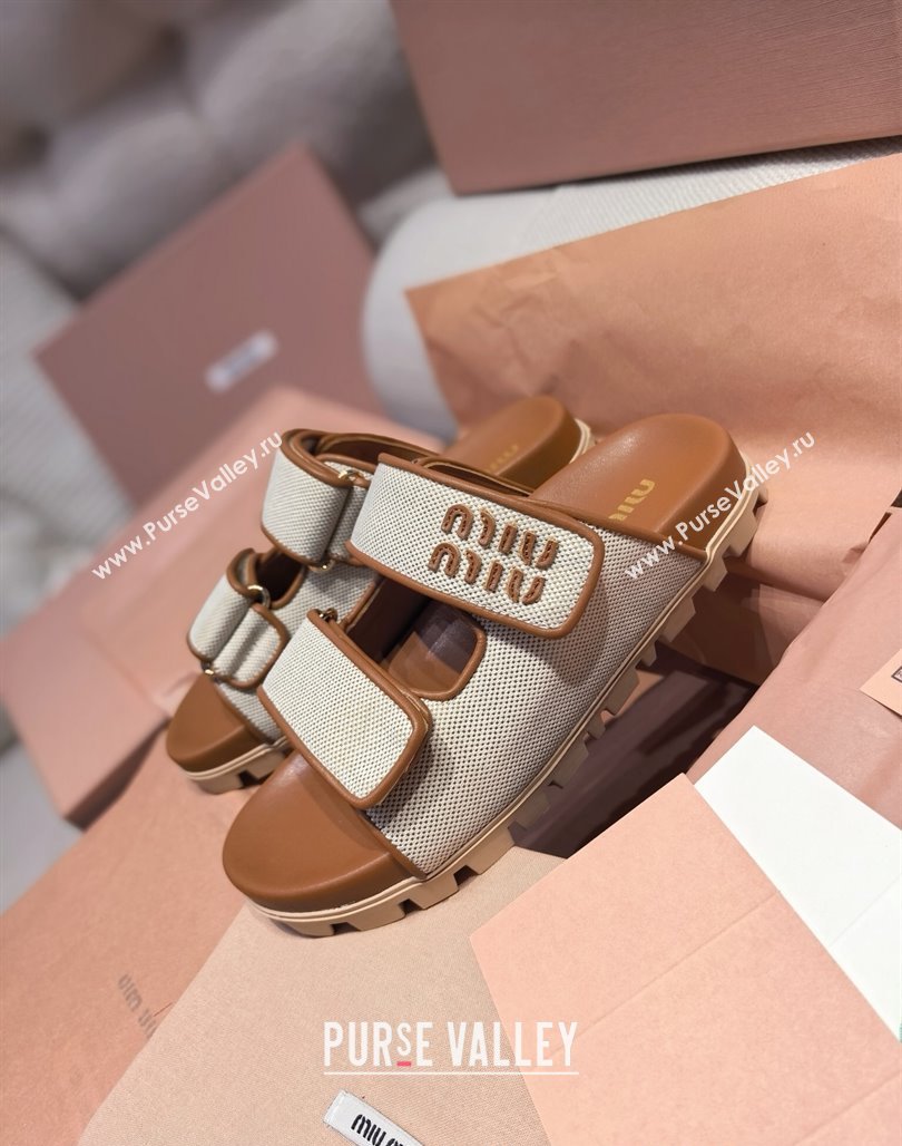 Miu Miu Canvas and Leather Platform Slides Sandal 3cm Brown 2025 5XX658 (MD-250426057)