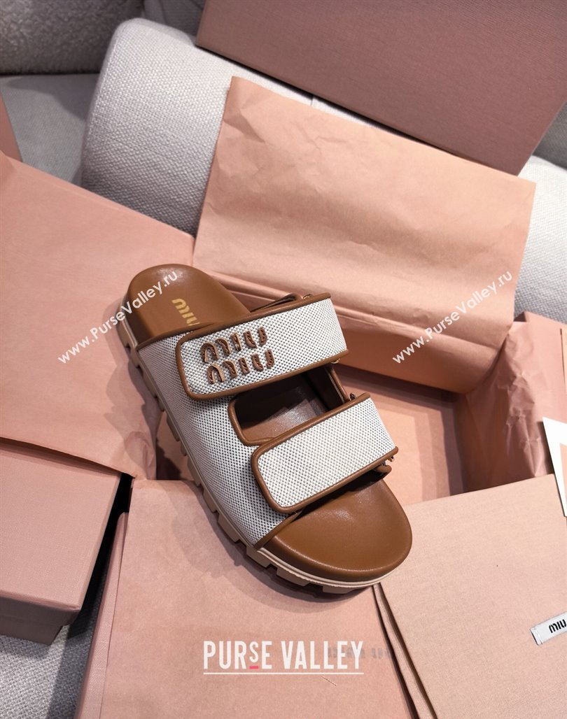 Miu Miu Canvas and Leather Platform Slides Sandal 3cm Brown 2025 5XX658 (MD-250426057)