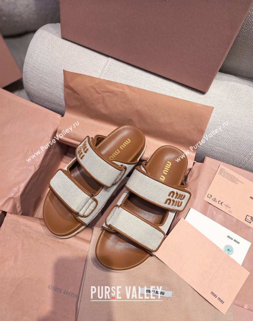 Miu Miu Canvas and Leather Platform Slides Sandal 3cm Brown 2025 5XX658 (MD-250426057)
