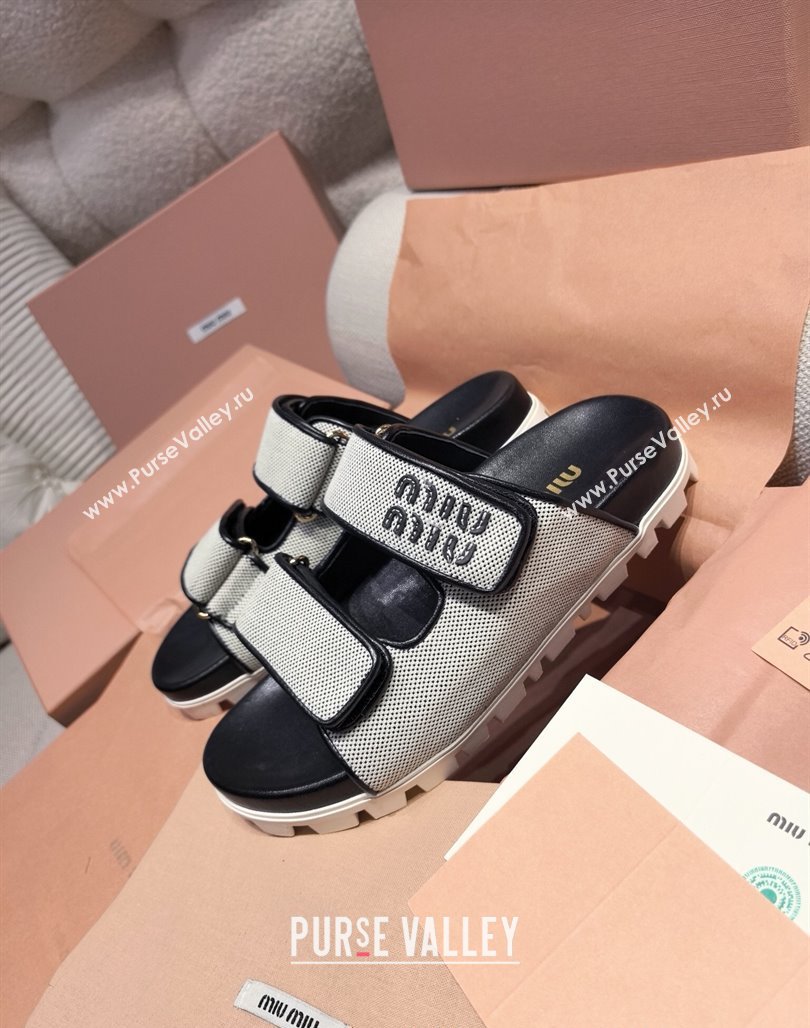 Miu Miu Canvas and Leather Platform Slides Sandal 3cm Black 2025 5XX658 (MD-250426058)
