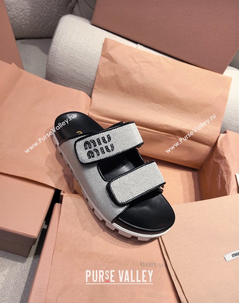 Miu Miu Canvas and Leather Platform Slides Sandal 3cm Black 2025 5XX658 (MD-250426058)