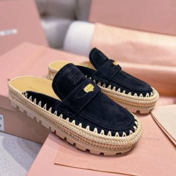 Miu Miu Penny Suede Platform Mules 3.5cm with Straw Detail Black 2025 (MD-250426055)