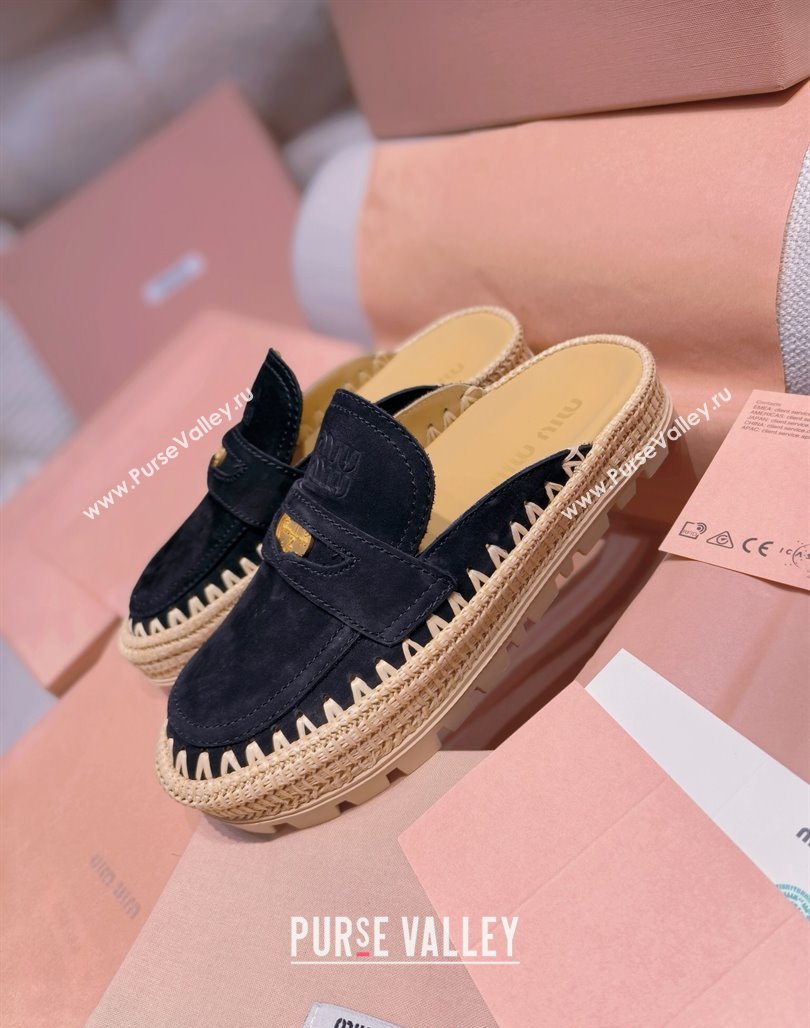 Miu Miu Penny Suede Platform Mules 3.5cm with Straw Detail Black 2025 (MD-250426055)