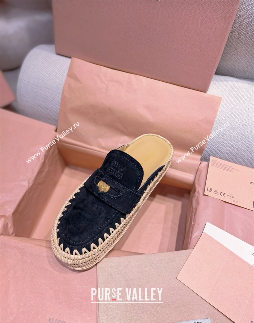 Miu Miu Penny Suede Platform Mules 3.5cm with Straw Detail Black 2025 (MD-250426055)
