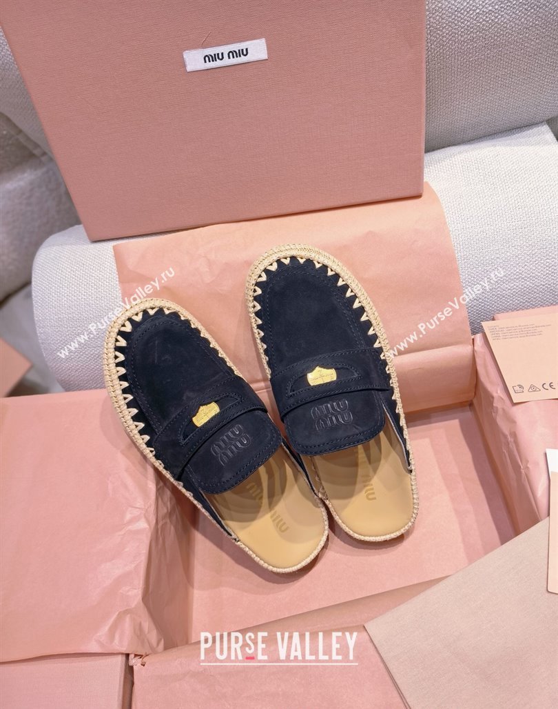 Miu Miu Penny Suede Platform Mules 3.5cm with Straw Detail Black 2025 (MD-250426055)