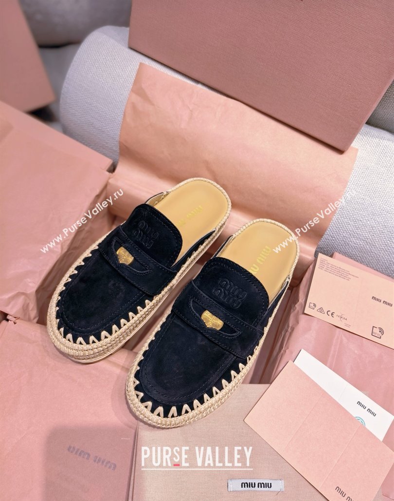 Miu Miu Penny Suede Platform Mules 3.5cm with Straw Detail Black 2025 (MD-250426055)