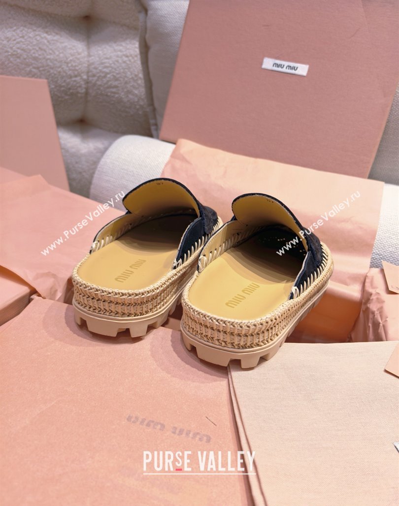 Miu Miu Penny Suede Platform Mules 3.5cm with Straw Detail Black 2025 (MD-250426055)