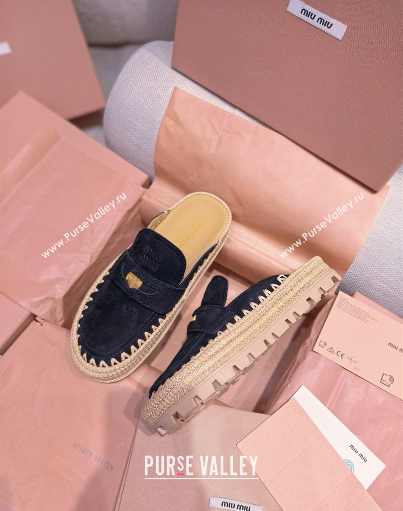 Miu Miu Penny Suede Platform Mules 3.5cm with Straw Detail Black 2025 (MD-250426055)