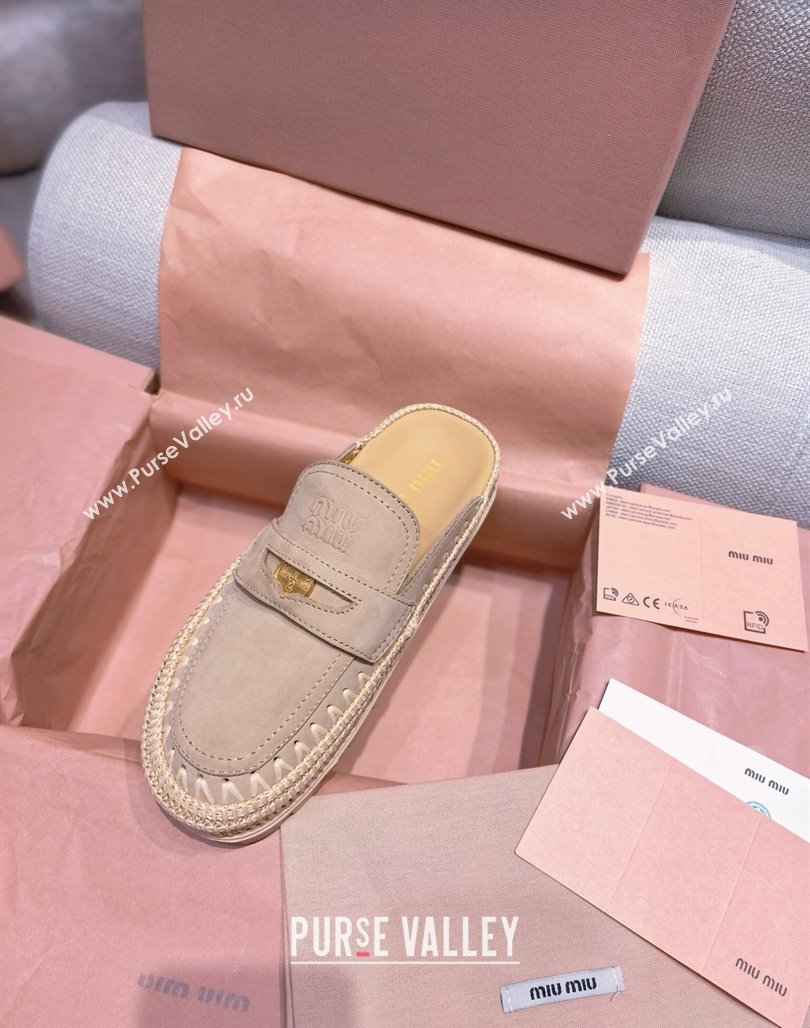 Miu Miu Penny Suede Platform Mules 3.5cm with Straw Detail Beige 2025 (MD-250426056)
