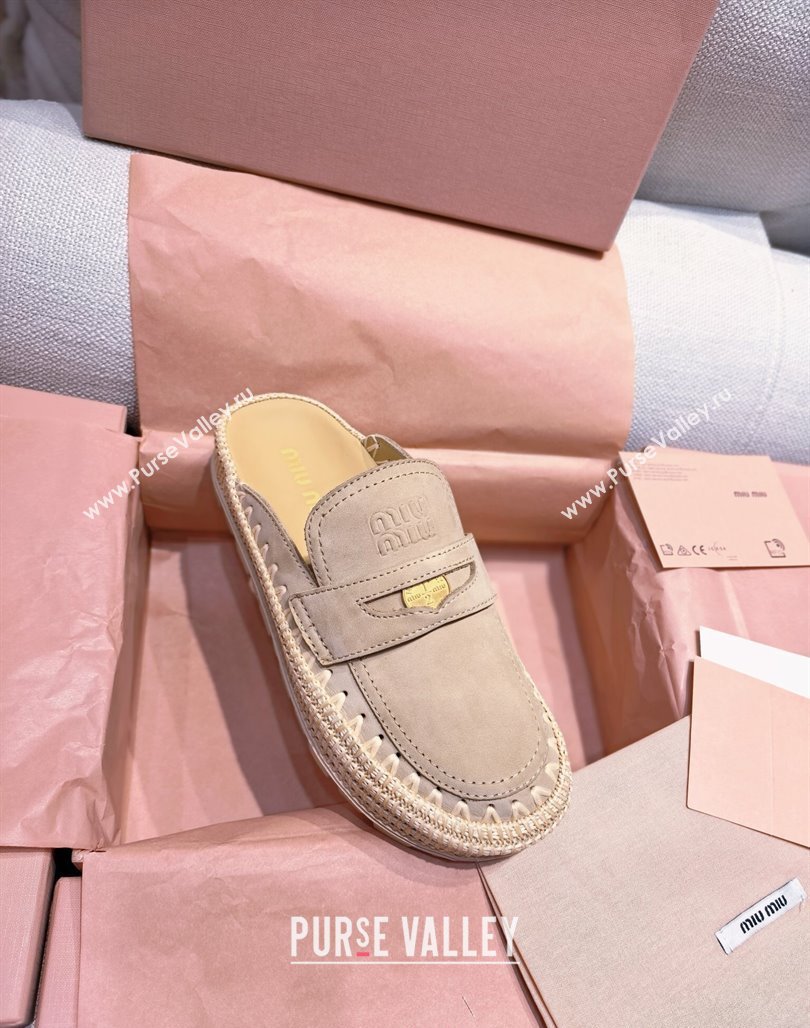 Miu Miu Penny Suede Platform Mules 3.5cm with Straw Detail Beige 2025 (MD-250426056)