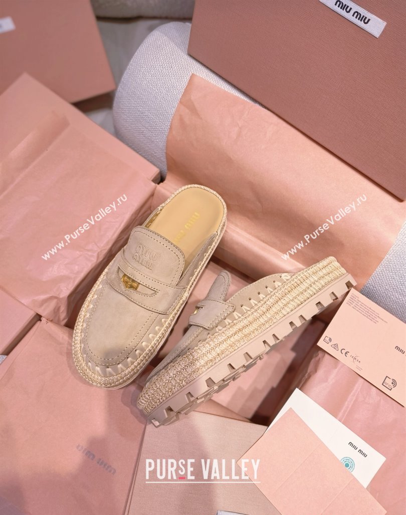 Miu Miu Penny Suede Platform Mules 3.5cm with Straw Detail Beige 2025 (MD-250426056)