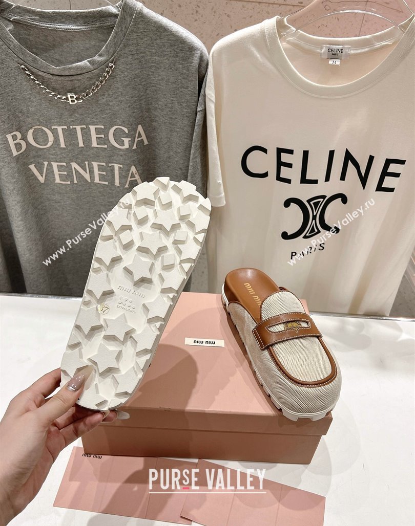 Miu Miu Penny Leather and Canvas Platform Mules Brown 2025 0426 (MD-250426031)