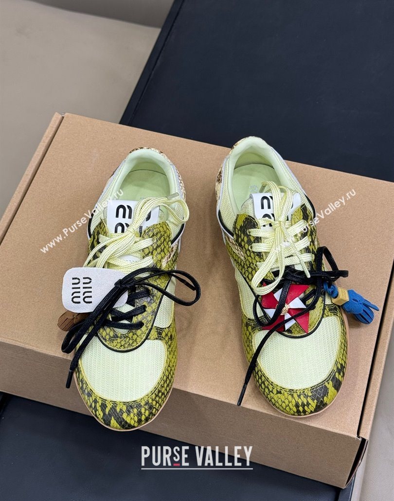 Miu Miu Gymnasium Sneakers in Snakeskin Embossed Leather and Knit Yellow 2025 (SS-250603116)