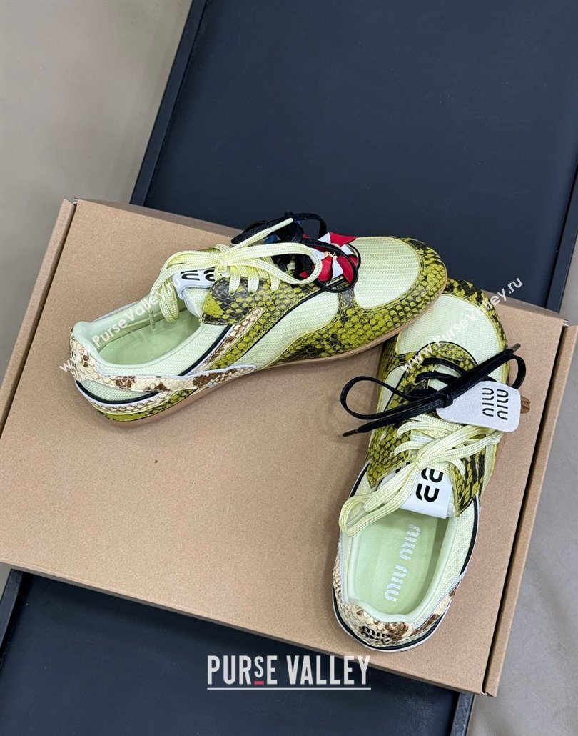 Miu Miu Gymnasium Sneakers in Snakeskin Embossed Leather and Knit Yellow 2025 (SS-250603116)