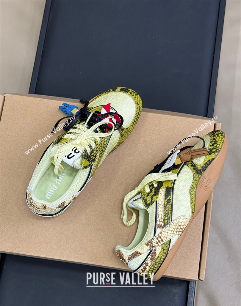Miu Miu Gymnasium Sneakers in Snakeskin Embossed Leather and Knit Yellow 2025 (SS-250603116)