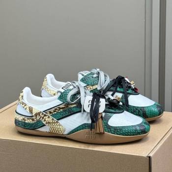 Miu Miu Gymnasium Sneakers in Snakeskin Embossed Leather and Knit Green 2025 (SS-250603117)