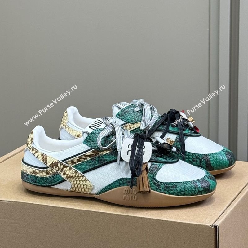 Miu Miu Gymnasium Sneakers in Snakeskin Embossed Leather and Knit Green 2025 (SS-250603117)