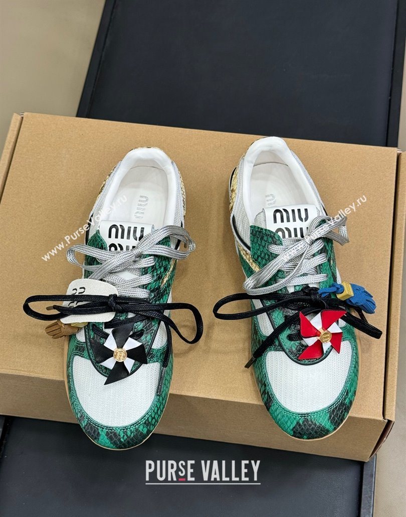 Miu Miu Gymnasium Sneakers in Snakeskin Embossed Leather and Knit Green 2025 (SS-250603117)