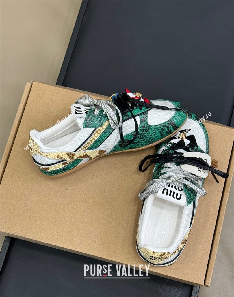 Miu Miu Gymnasium Sneakers in Snakeskin Embossed Leather and Knit Green 2025 (SS-250603117)