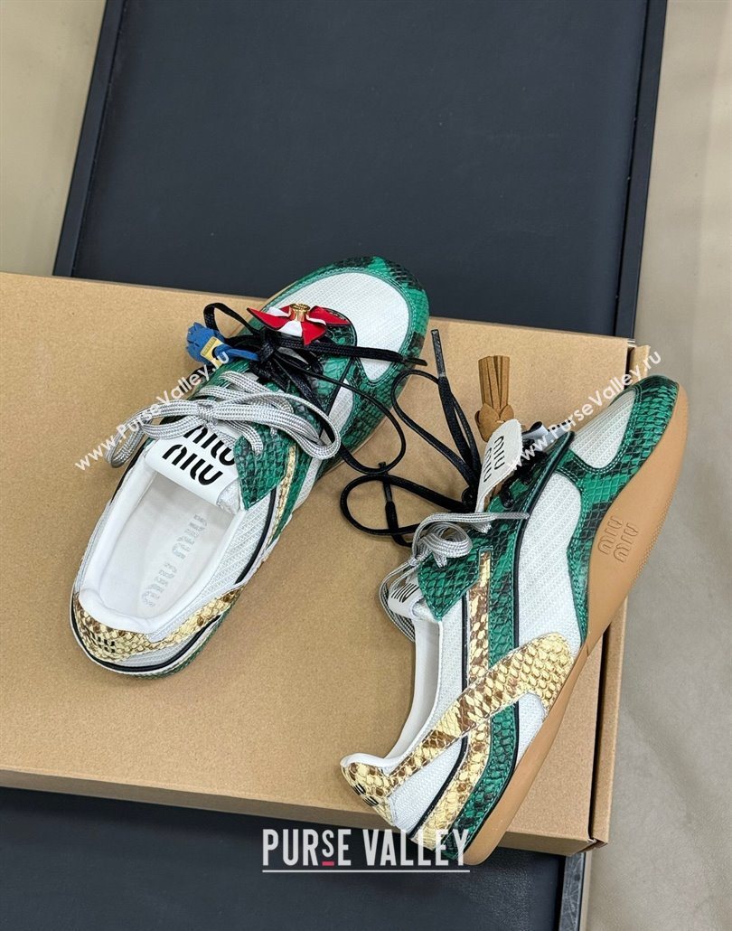 Miu Miu Gymnasium Sneakers in Snakeskin Embossed Leather and Knit Green 2025 (SS-250603117)