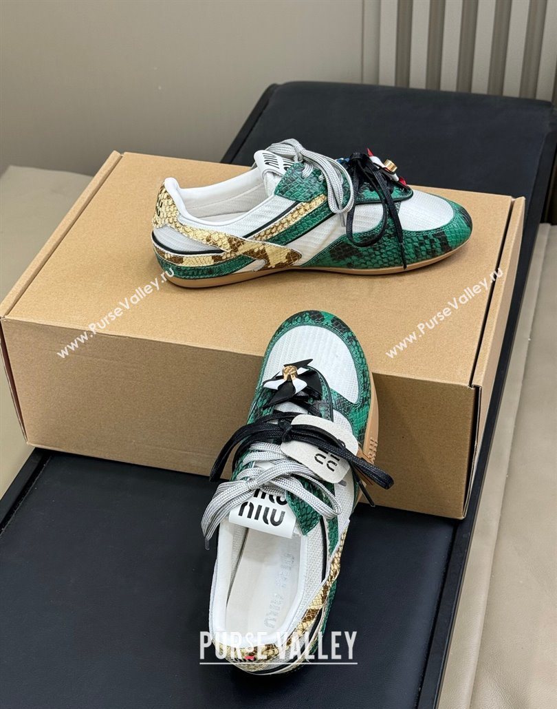 Miu Miu Gymnasium Sneakers in Snakeskin Embossed Leather and Knit Green 2025 (SS-250603117)
